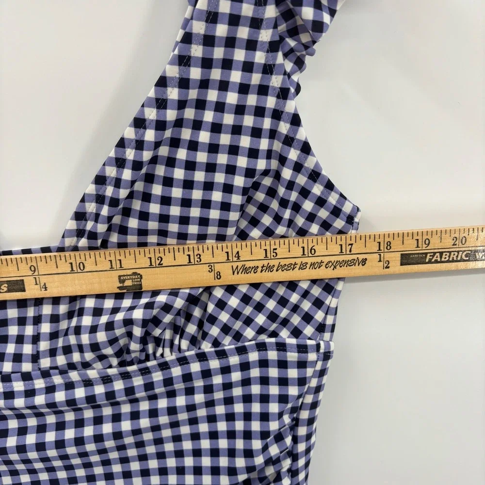 Kona Sol One‎ Piece Swimsuit Womens 16W Navy Blue Gingham Ruffle V-Neck Vacation